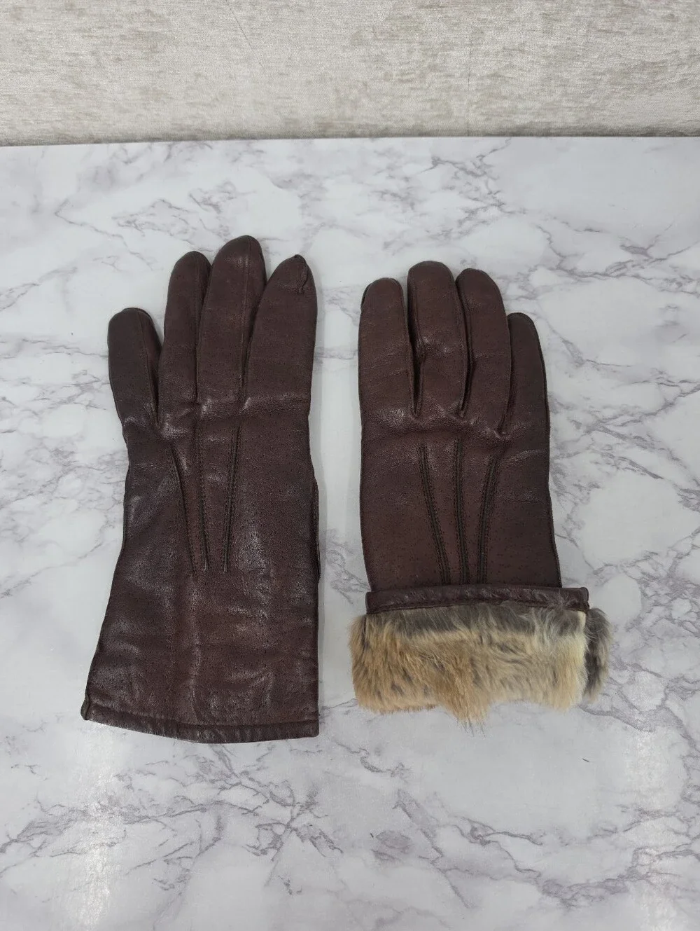 Vintage Brown Leather Gloves with Genuine Fur Lining